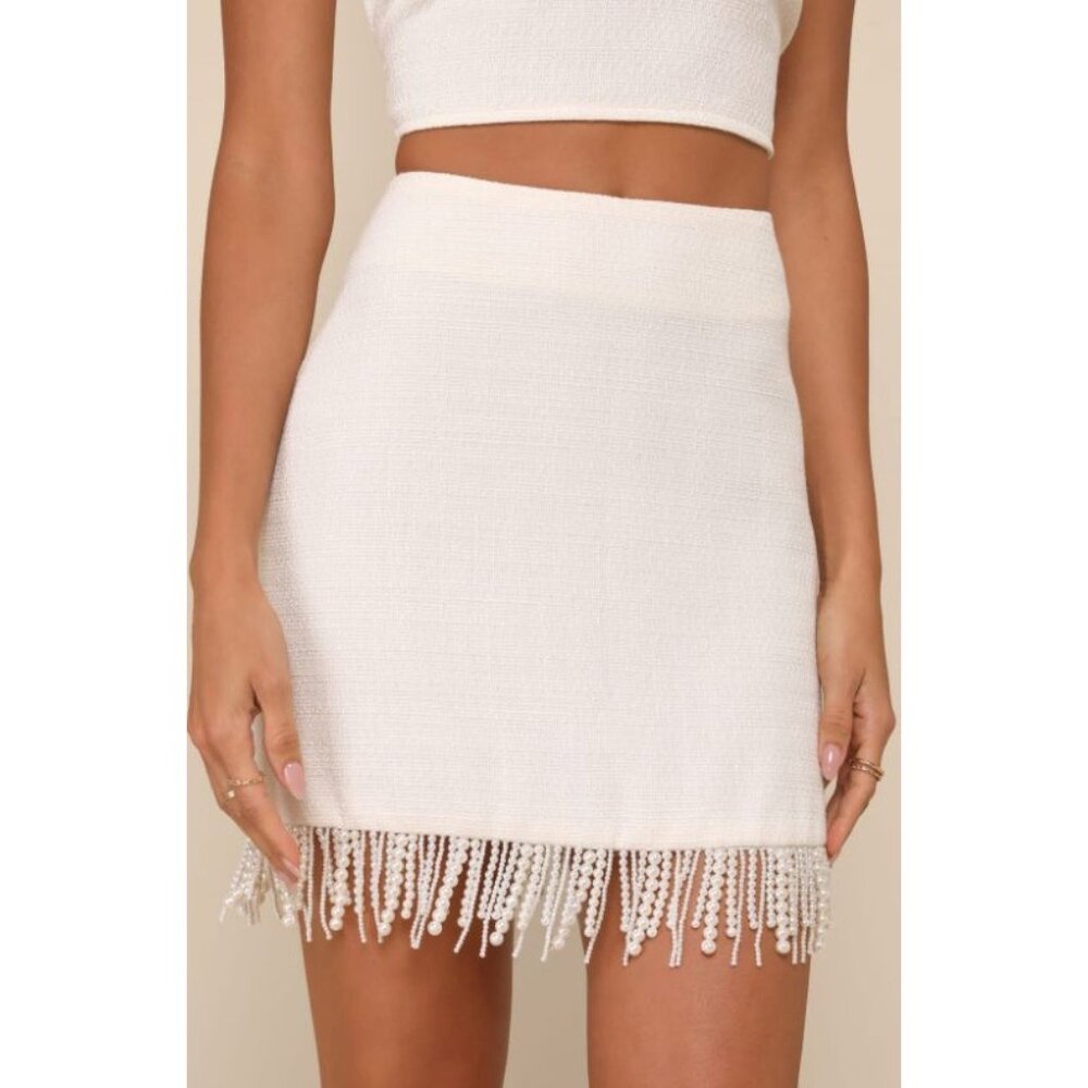 Lulus Boho Sweetly Elite Ivory Tweed Pearl Fringe High-Rise Mini Skirt M, NWT - Picture 3 of 11